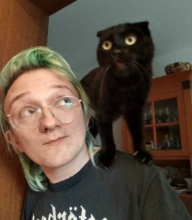 A picture of a human in their 30s with green hair and a cat on their shoulders