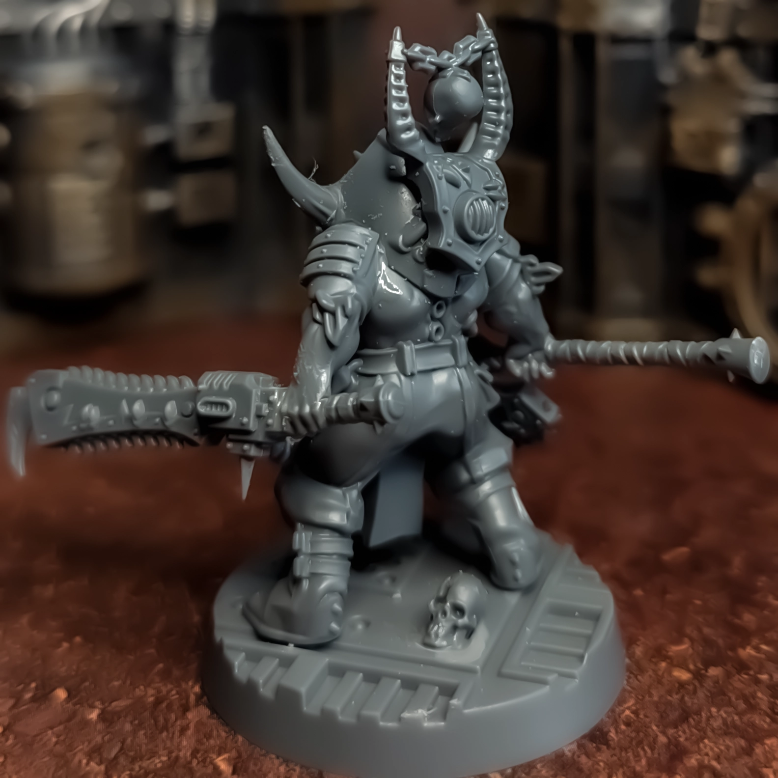 An unpainted conversion piece using bits from the Corpse Grinder Cults kit and the Eightbound Kit