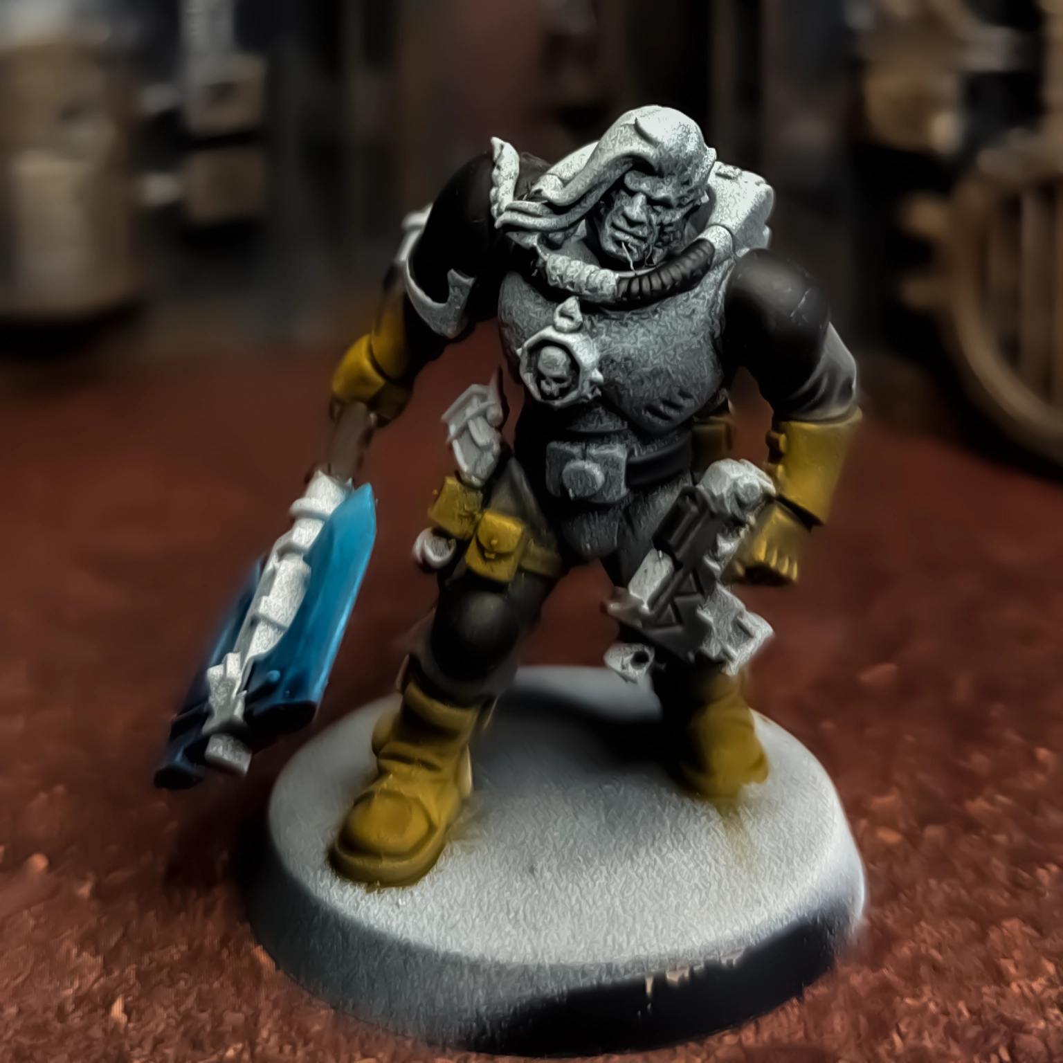 A front view of a Space Marine Scout Model with additional Space Wolf parts.