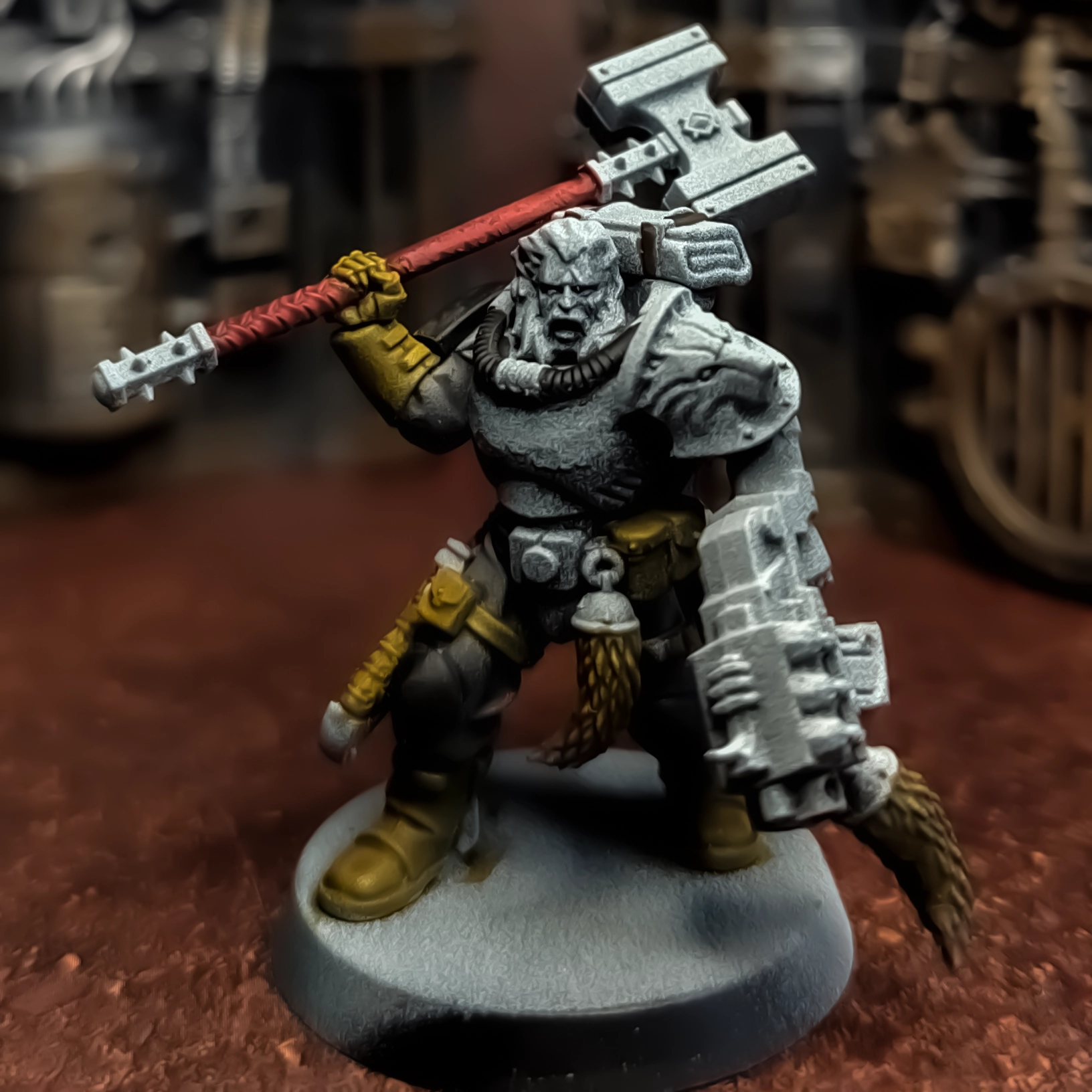 A front view of a Space Marine Scout Model with additional Space Wolf parts.