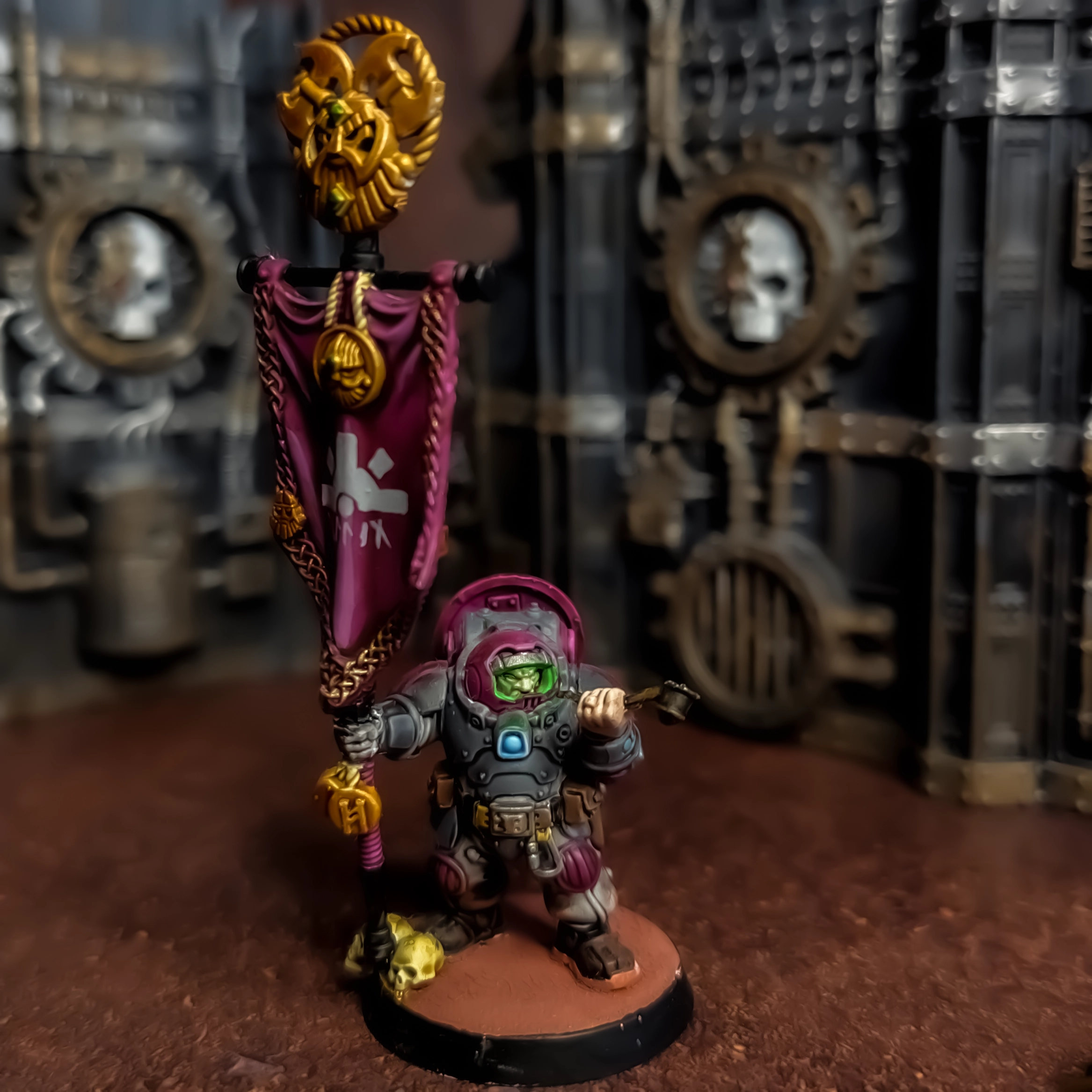 A Hearthkyn Warrior holding a Dwarven Banner in his right and a smoking pipe in his left hand.