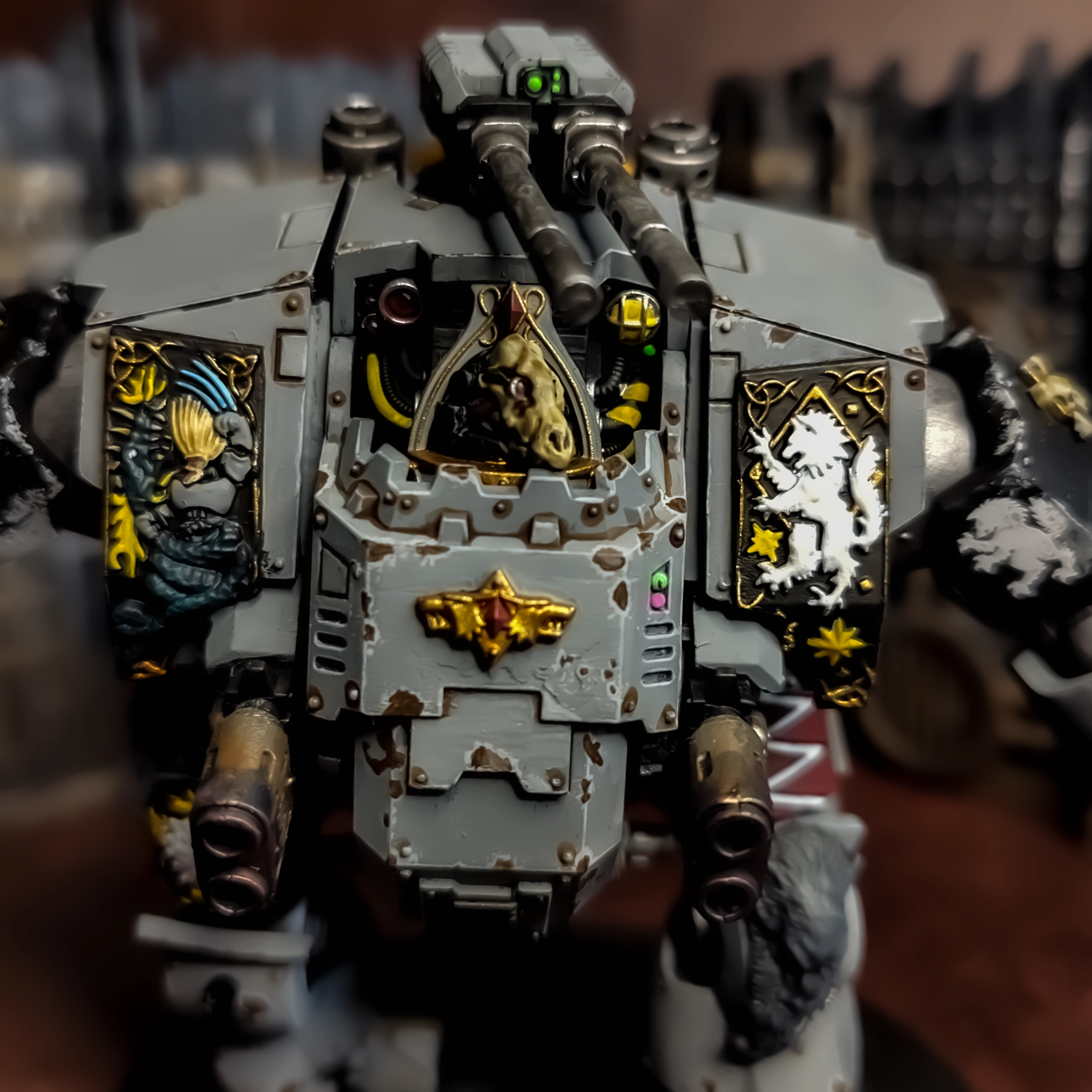 A conversion of a Brutalis Dreadnought which uses various bits from the Space Wolves Venereable Dreadnought kit.