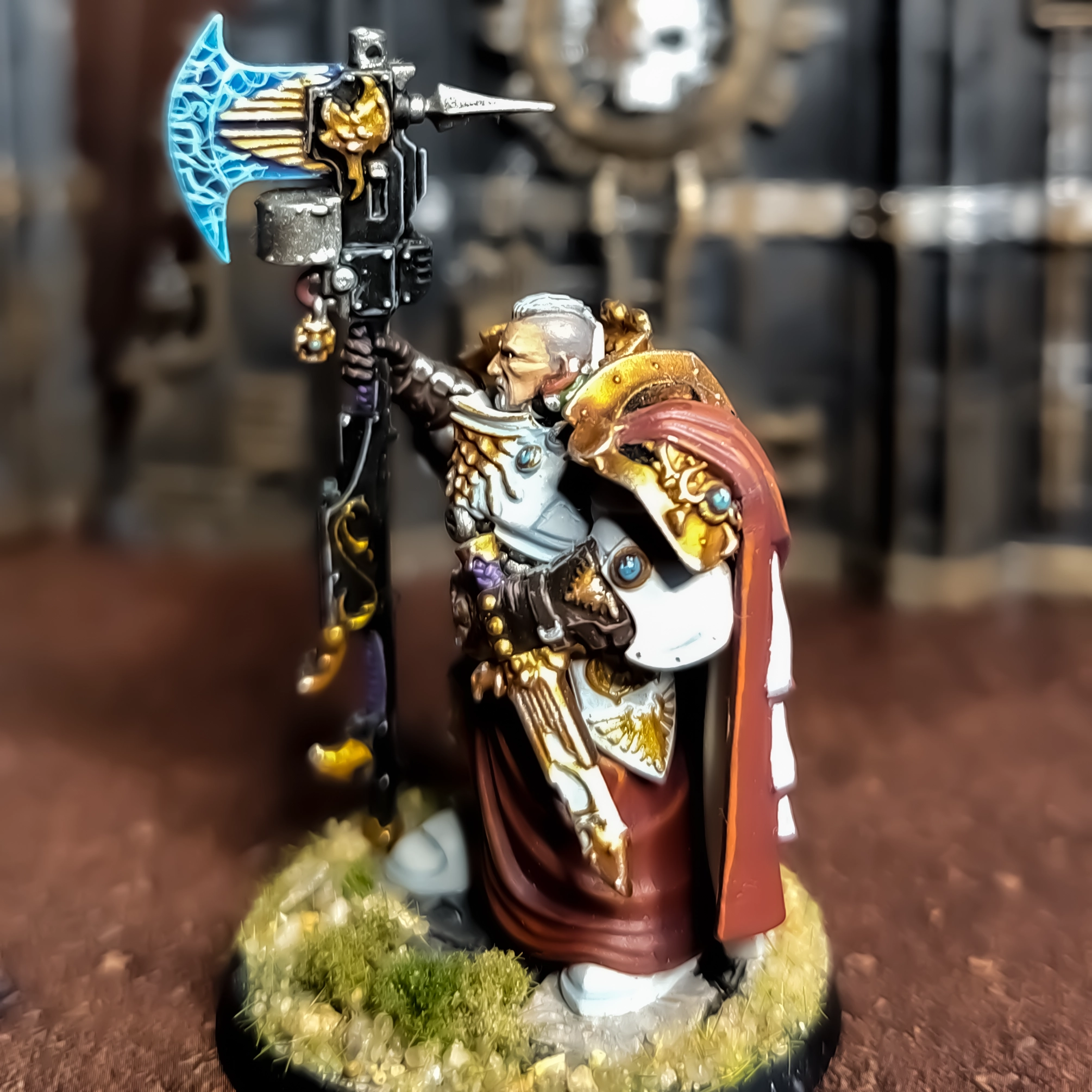 Side view of Custodes Shield Captain. Hair stubble and freehand on the axeblade.