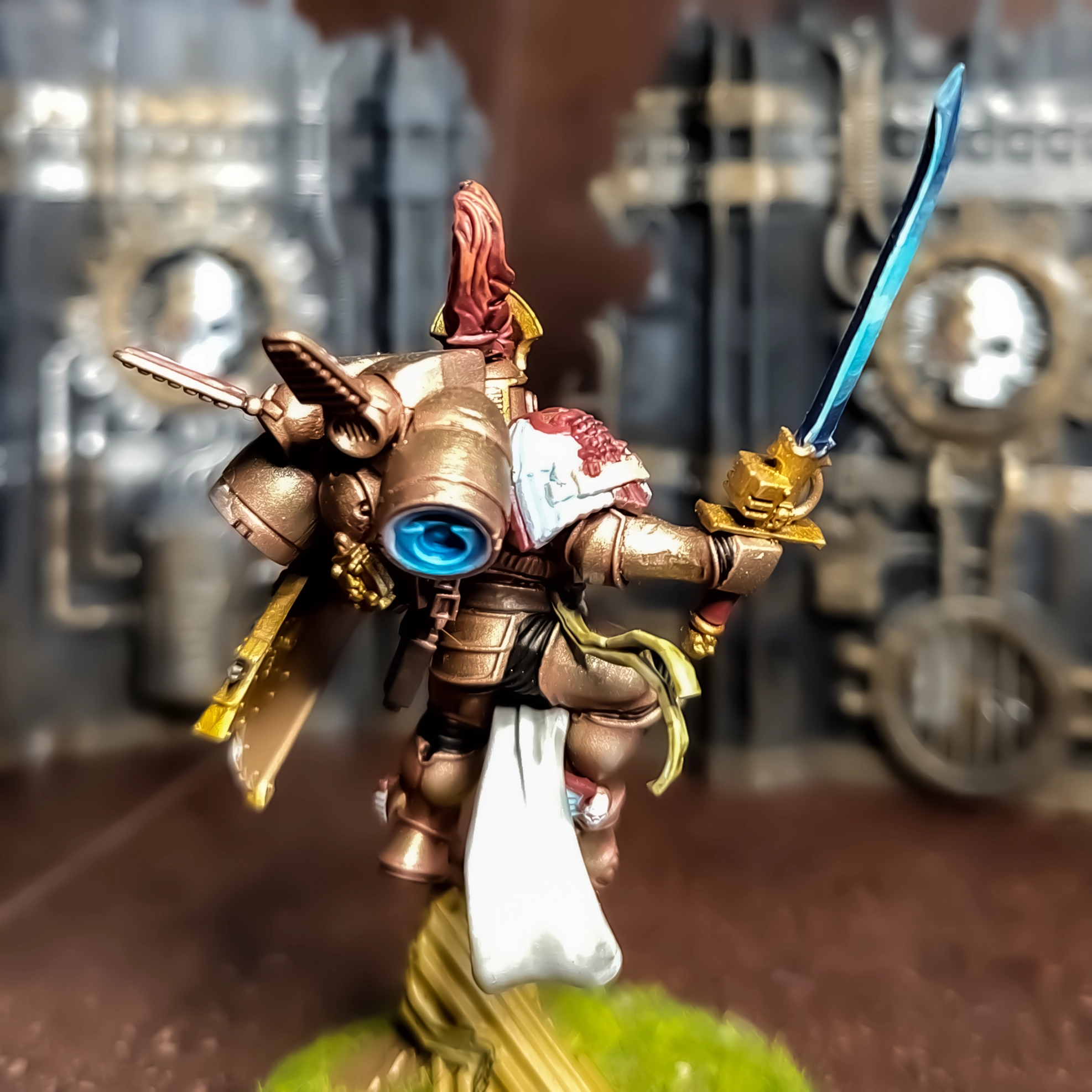 A converted Space Marine Captain with Jump Pack from the back.