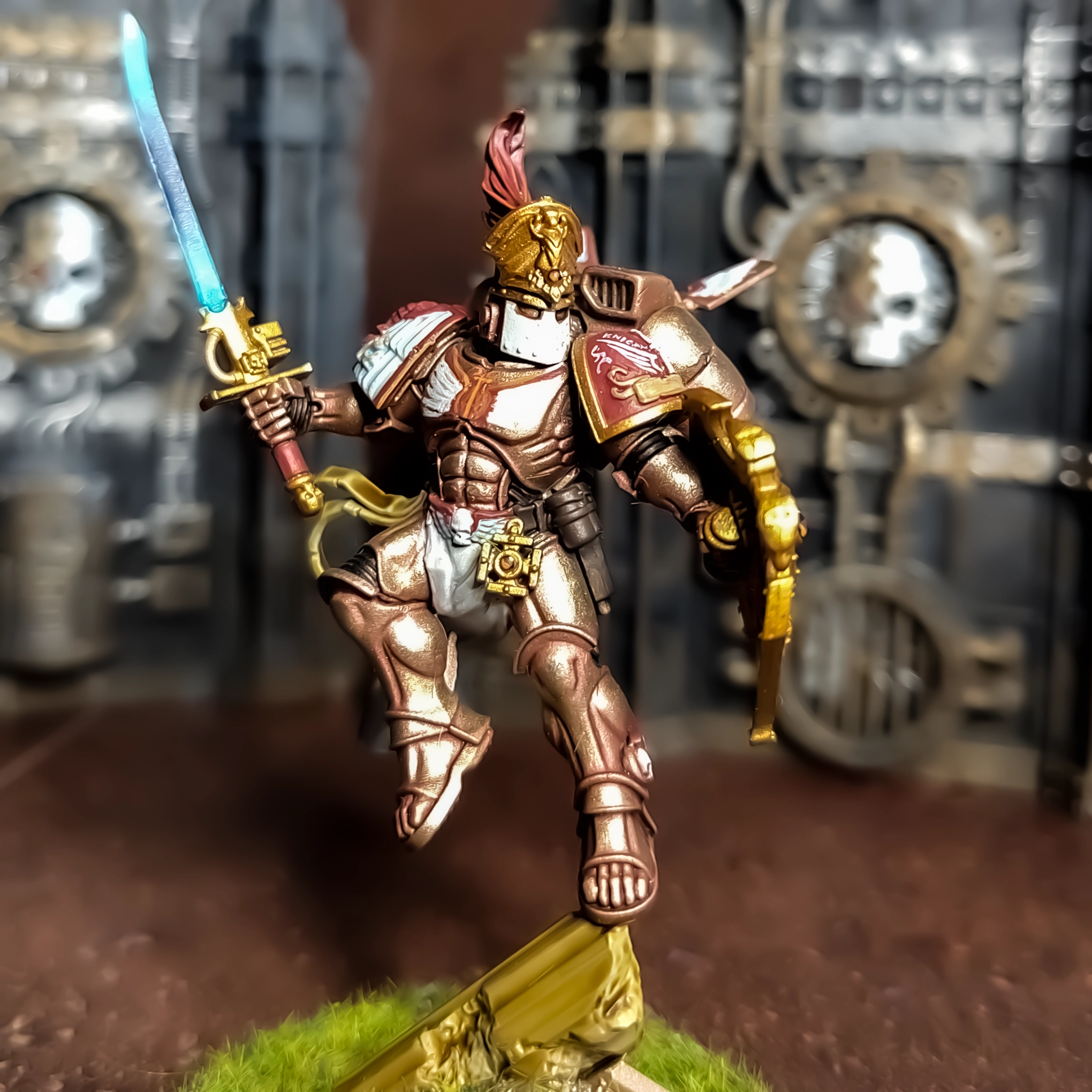 A photograph of a converted Space Marine Captain with Jump Pack, showcasing Freehands, Glazing and Highlighting patined to parade ready standard..